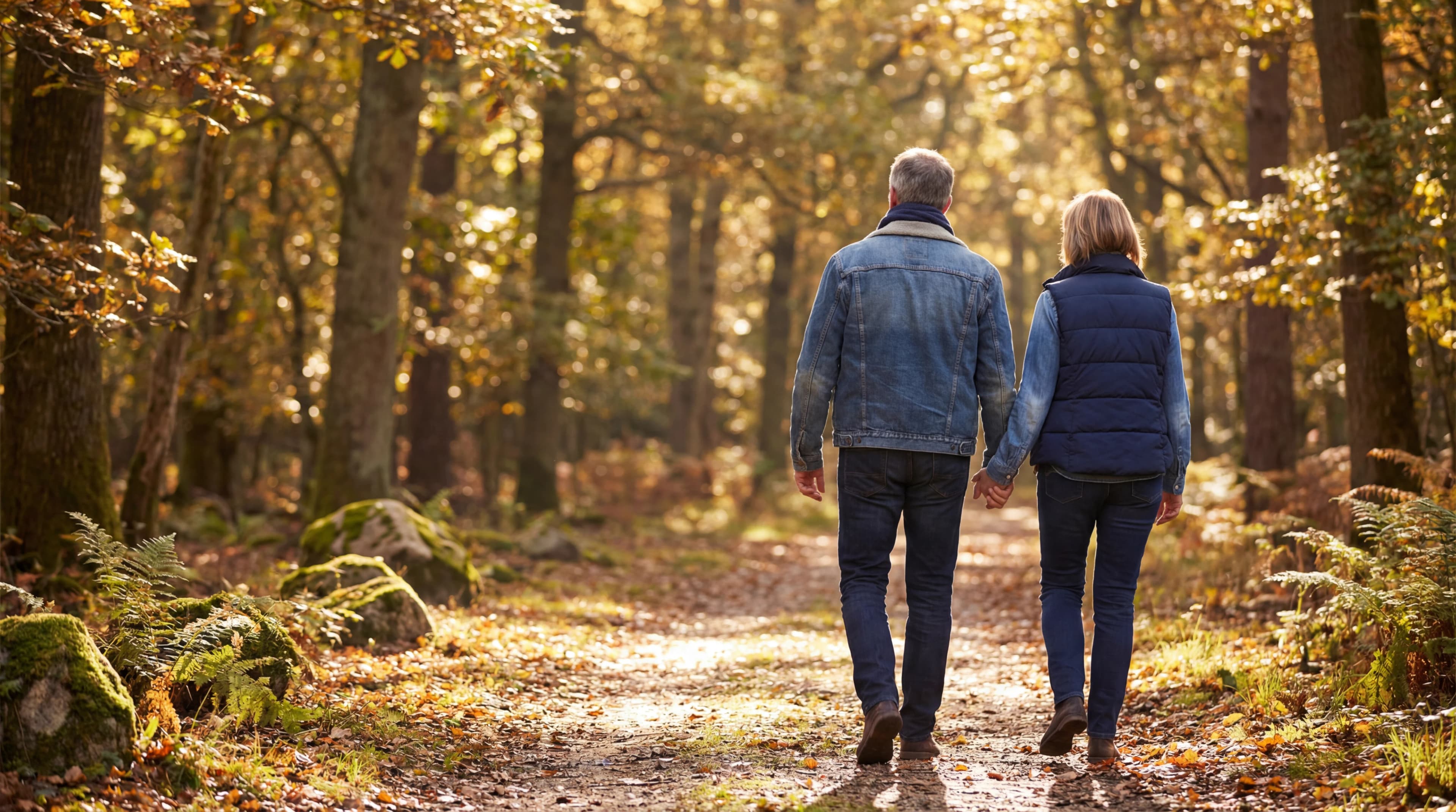 A couple walking peacefully through an autumn forest